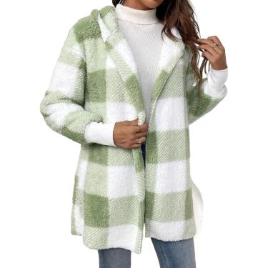 Imagem de Feminino oversized sherpajacet casual manga longa xadrez fuzzy velo forrado hoodies cardigan camisolas casacos, verde, s