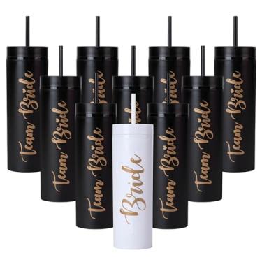 Imagem de Pacote com 10 copos skinny Bride to Be | Copos de noiva de equipe de 473 ml | Copos de despedida de solteira | Presentes de casamento de noivado canecas para damas de honra | Artigos de festa e jogos