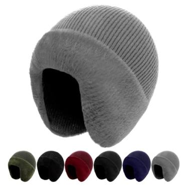 Imagem de MEJORMEN M/G/GG/XXL Gorro masculino de inverno com aba de orelha feminino quente de lã térmica gorro de malha touca de caveira para uso ao ar livre, Cinza, X-Large-XX-Large