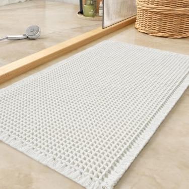 Imagem de Tapete de banho waffle, tapete de banho antiderrapante super absorvente, tapete de banho ultra macio, lavável à máquina, tapetes de banho com borlas, ao lado da banheira, 45,7 cm x 76,2 cm, branco