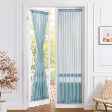 Imagem de Tollpiz Cortina de porta transparente para armário de linho texturizada, filtro de luz, voile, pátio, porta, varão, varão, cortina francesa, 137 x 183 cm de comprimento, azul poeirento, conjunto de 1