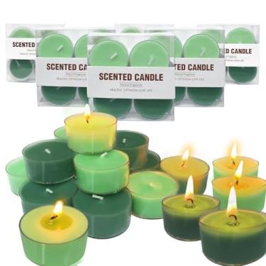 Imagem de Pacote com 24 velas perfumadas Tealight, cera de abelha branca e cera de soja, 2 aromas de figo, pera e sálvia de madeira e sal marinho, mini velas em copos de acrílico transparente para casa, verde