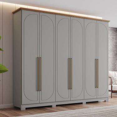Imagem de Guarda Roupa Casal Americano 6 Portas com Amortecimento 6 Gavetas com Usinagem Cinza/Marrom