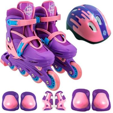 Imagem de Patins Infantil Triline Inline Com Kit Proteção 30-33 Violeta Meninas 