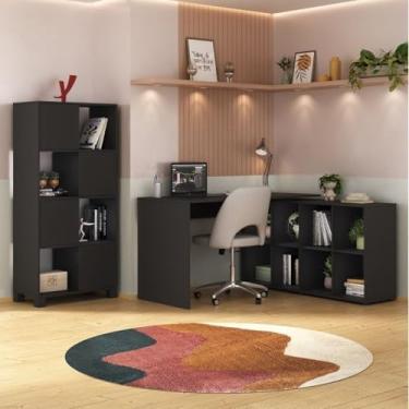 Imagem de Kit 2 Peças com Escrivaninha em L 8 Nichos e Estante Livreiro Preto