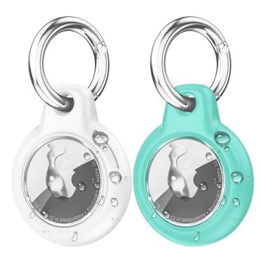 Imagem de Capa de AirTag à prova d'água com chaveiro, capa rígida de policarbonato + TPU à prova de choque e resistente a arranhões para Apple Air Tags, acessórios para rastreador de itens GPS (Branco e Verde)