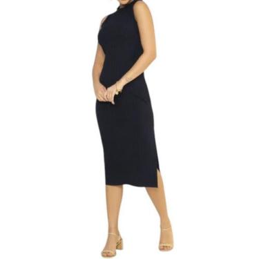 Imagem de Vestido Midi Canelado Com Gola Alta e Fenda - Cativa, G, Preto
