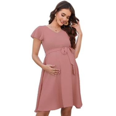 Imagem de ClearFlower Vestido de maternidade com decote em V e bolinhas suíças, casual, manga curta, vestido midi rodado, cinto, sessão de fotos, chá de bebê, Rosa empoeirado, M