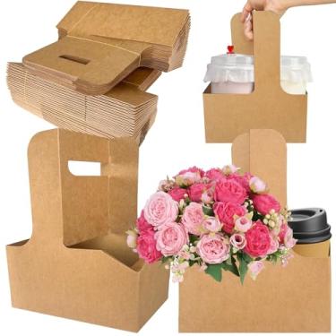 Imagem de Pacote com 50, 2 xícaras, porta-bebidas com alça para 2 ou 4 xícaras de papelão kraft, porta-copos para entrega de café, bebidas, caixa de embalagem floral, aniversário, dia das mães, formatura, festa