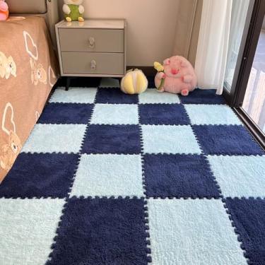 Imagem de 12 peças de carpete entrelaçado de espuma de pelúcia, tapetes macios e fofos com enchimento, tapetes protetores de piso coloridos para casa, quarto de crianças, sala de jogos (azul claro e