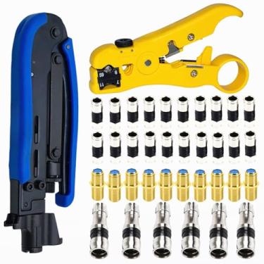 Imagem de Gaobige Kit De Crimpagem De Cabo Coaxial, Ferramenta De Compressão Coaxial Ajustável Rg6 Rg59 Rg11 75-5 75-7, Decapador De Cabo Coaxial Com 20 Conectores Rg6, 10 Conectores Fêmea Para Fêmea, 6 Conec