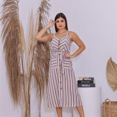 Imagem de Vestido Feminino Midi Listrado em Sarja com Botões Frontais Bolsos e F