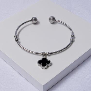 Imagem de Bracelete Aço Inox Prateado com Trevo Preto - Ralifla Semijoias
