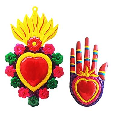 Imagem de Mexican Tin Heart Wall Decor, Hamsa Wall Decor, Milagros Charms Mexican Sacred Heart Ornament, Milagro Heart Mexican Tin Ornaments, Hand of Fatima Art, La Mano de Fatima, Milagritos Mexicanos