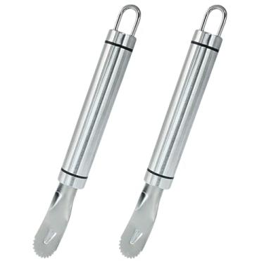 Imagem de Kemcatui 2 peças de ferramenta de descascador de laranja de aço inoxidável, lâmina triangular, descascador de cítricos, cabo longo com pá serrilhada, utensílio de descascador fácil para cozinha