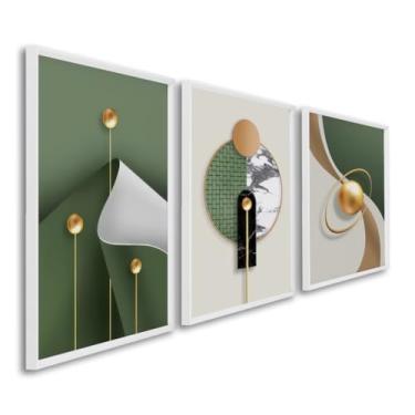 Imagem de Quadros Decorativos Tríade Elegante Cores Vivas em Verde e Nude Abstrato em Harmonia (Branco, 60x90, C/Vidro)