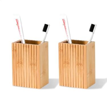 Imagem de Pacote com 2 suportes de escova de dentes de bambu natural, design quadrado canelado para bancada, suporte de caneta multiuso ou organizador de mesa, natural