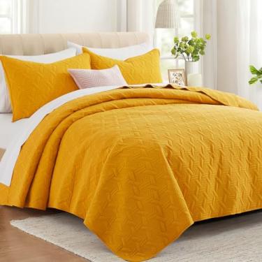 Imagem de Lavsiry Jogo de cama queen amarelo mostarda com fronhas, colcha leve de verão, cobertor acolchoado macio, edredom fino para todas as estações
