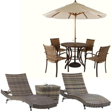 Imagem de Kit 4 Cadeiras e Mesa Ascoli, 2 Espreguiçadeiras Bona e Mesa com Ombrelone Piscina, Jardim, Área Trama Original