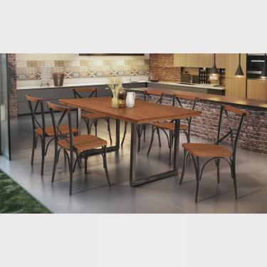 Imagem de Conjunto Sala de Jantar Industrial 6 Cadeiras Aço Madeira Maciça Laís