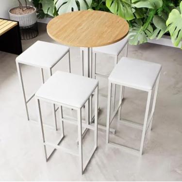 Imagem de Conjunto Mesa Alta Bar Bistrô Redonda Pinus 4 Bancos Estofado Industrial White (Branco)