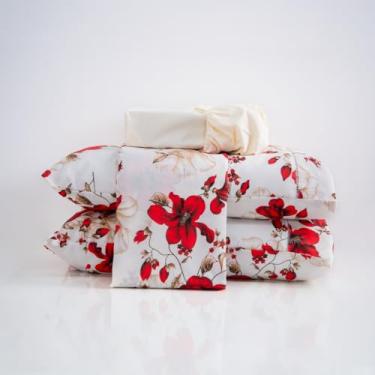 Imagem de Jogo De Lençol Casal Queen King 4 Peças 100% Algodão Percal 200 Fios Estampado (Queen, Floral Vermelho)