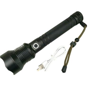 Imagem de Lanterna LED Tática Acampamento, Falta de Luz, Recarregável, Potente 50000 Lúmens, Longo Alcance, 3 Modos de Luz, Resistente à Água, Carregamento USB, Preta, Lanterna de Auto Defesa Luxo