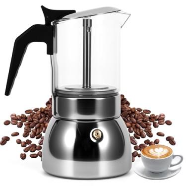 Imagem de Houkiper Cafeteira de café expresso, 6 xícaras de aço inoxidável de 300 ml, cafeteira italiana de vidro transparente, cafeteira de mocha para casa, café, ambiente externo, escritório