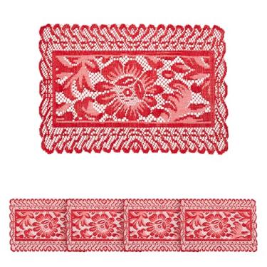 Imagem de Jayla 4 peças de jogo americano retangular de renda para mesas bordadas de renda vintage crochê floral corredor de mesa vintage casamento, decoração de festa de chá, vermelho, 30 x 43 cm