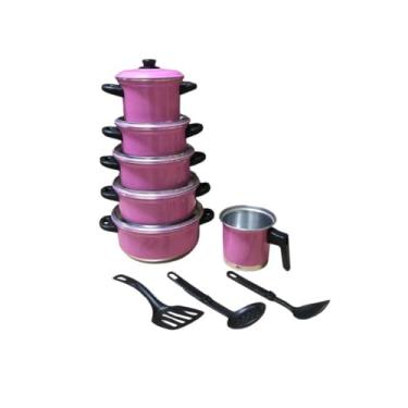 Imagem de Jogo De Panelas Preto Craqueado Kit 09 Pçs CaçarolaLeiteira Kit Talheres(Rosa)