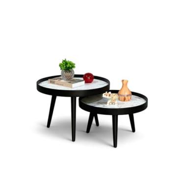 Imagem de Conjunto Mesa de Centro Redonda Barcelona com Pés Palito em Madeira Maciça Preta, Tampo com Bordas de 50mm (Preta Com Tampos Marmorizado)