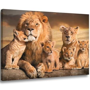 Imagem de Quadro Decorativo Familia Leão Leoa 04 Filhotes Tela Madeira e Tecido Grande 60x90
