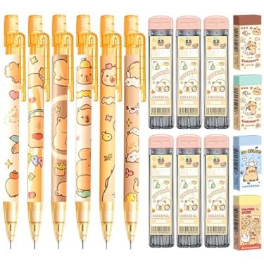 Imagem de Daphilly Lindo conjunto de lapiseiras capivara, 6 peças de lápis mecânicos capivara de 0,5 mm com 600 pontas de lápis de 0,5 mm, 4 peças de borrachas de capivara, lápis de desenho kawaii para material
