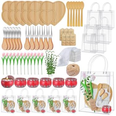 Imagem de 73 peças, jogos de chá de bebê, prêmios, 6 conjuntos de tabuleiros de bambu charcutaria, colher, garfo, facas, toalha, tulipa rosa, velas artificiais, hastes de eucalipto, cartão de agradecimento e