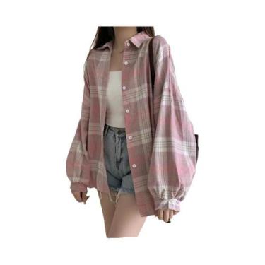 Imagem de Camisa Xadrez Vintage Feminina - Manga Comprida, Estilo Preppy, Blusa 