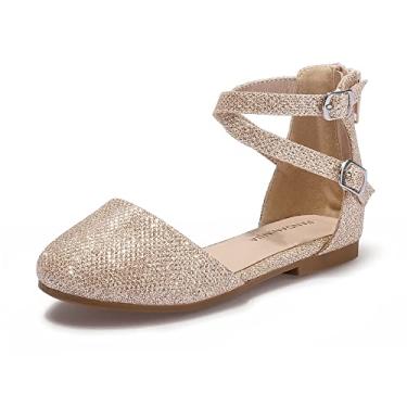 Imagem de Sandálias rasteiras de bailarina com alça no tornozelo e sapatilhas de balé Amanda Mary Jane da Pandaninjia para crianças e meninas, Gold Glitter, 10 Toddler