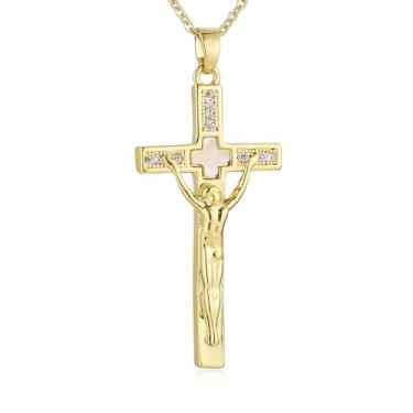 Imagem de HZMAN Colar de cruz crucifixo para mulheres, delicado banhado a ouro 14K, colar com pingente de cruz cristã, proteção de fé cristã, joia presente, Latão, Zircônia cúbica
