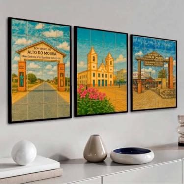 Imagem de Trio Quadro decorativo Nordeste - Trio Patrimônios de Caruaru; Artesanato nordestino, Pernambuco; Bahia; Paraíba; Ceará; Piauí, Alagoas; Mestre Vitalino; (Moldura Preta, 70x50, Emoldurado)