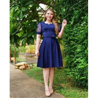 Imagem de Vestido Com Cinto Plus Size Gode Evangelico Elegante Decote Em V Manga