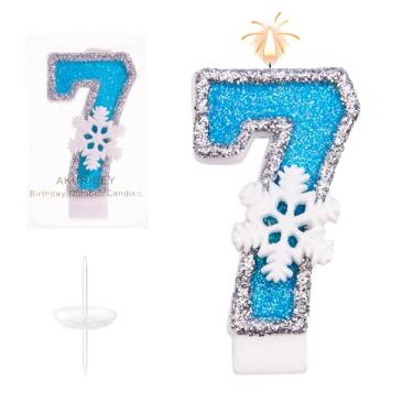 Imagem de AKURIEEY 7ª Velas azuis de floco de neve de aniversário com tema congelado número 7 velas para enfeite de bolo, decorações de cupcake, decoração de festa, aniversário, celebrações, suprimentos
