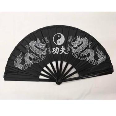 Imagem de Leque Oriental Grande Dança Kung Fu Tai Chi Chuan (Preto com dragão)