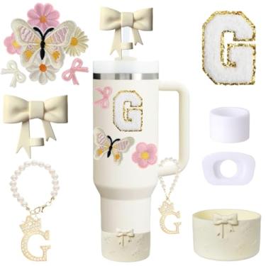 Imagem de Conjunto de acessórios de copo Stanley branco de 13 peças para copo de 850 g 1,134 g com alça, incluindo pingente de alça, adesivo inicial personalizado, topo de palha, bota de silicone, tampa à prova