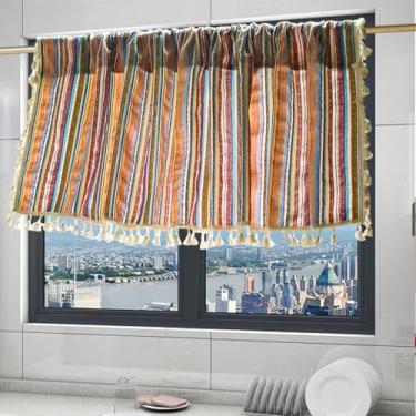 Imagem de Cortinas curtas listradas boêmias com borlas 45,7 x 133 cm, padrão colorido, cortinas de cozinha para quarto, sala de estar ou café, sanefas de banheiro para janelas, janelas