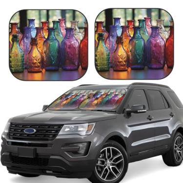 Imagem de 2 peças para-brisas de carro para-sol dobrável garrafa de vidro colorido pára-brisa frontal pára-brisa portátil blocos de proteção solar mantém seu veículo fresco para a maioria dos sedãs SUV caminhão