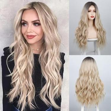 Imagem de Perucas loiras ombré cabelo humano, ondulado longo com textura de onda de água, raízes escuras, respirável, leve, resistente ao calor, sem cola, sem emaranhados, aparência natural (loiro, 61 cm)
