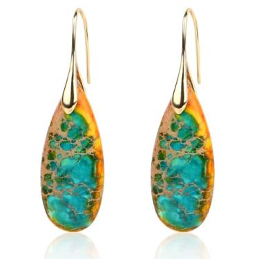 Imagem de 2 brincos de pedra natural, brincos pendentes de argola de peixe, pingente de pedra de gota, decoração de orelha, joias modernas para mulheres (laranja azul)