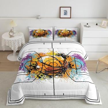 Imagem de jejeloiu Jogo de cama solteiro com edredom de basquete, para meninos, meninas, adolescentes e adultos, edredom para jogos de bola, respirável, macio, branco, 2 peças