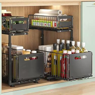 Imagem de KUNNKU Pacote com 2 organizadores embaixo da pia, organizador de pia de cozinha para banheiro e cozinha, organizadores embaixo do armário e armazenamento, altura ajustável, preto