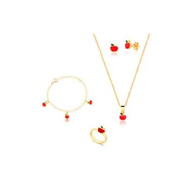 Imagem de Kit Conjunto Infantil Maçãzinha em Resina com Colar, Pingente, Brinco, Pulseira e Anel Regulável Dourado