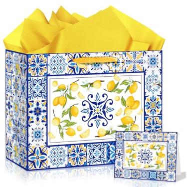 Imagem de Blue Tiles Sacos de presente de limão para meninas e mulheres, sacos de lembrancinha de festa de limão com alças douradas, 3 peças, papéis de seda amarelos, cartão de felicitações, limões, saco de